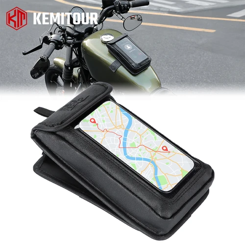 Imagen 2 del producto Bolsa de tanque magnética para motocicleta, bolsa de soporte para teléfono con pantalla táctil de cuero impermeable, compatible con teléfonos de 6,9 pulgadas para bicicleta de calle, Cruiser, Sportbike