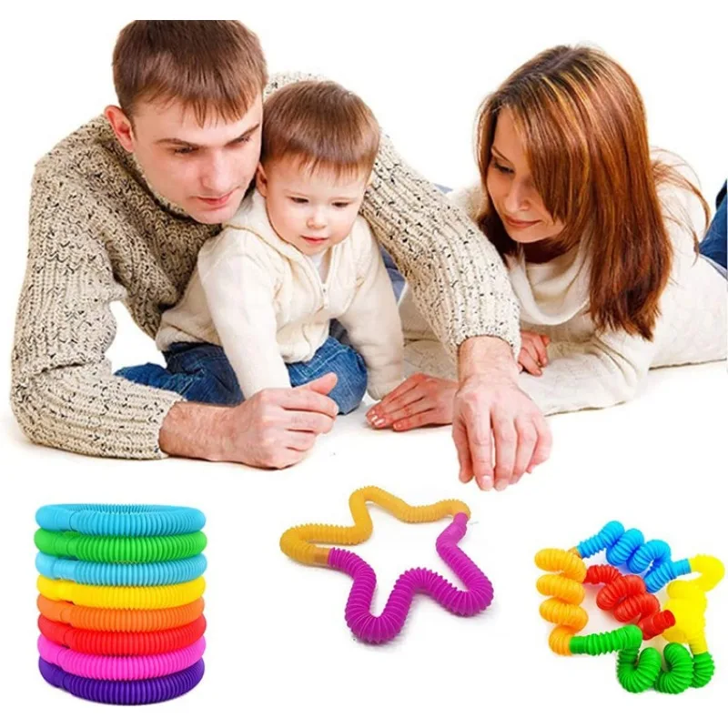 Juego de 8 piezas de plástico Flexible para niños y adultos, tubo telescópico Pop, tubo elástico de fuelle, juguetes de descompresión