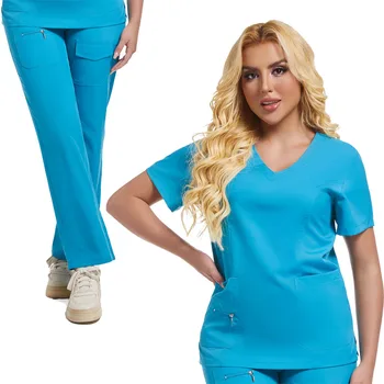 Uniforme de Hospital azul, ropa de trabajo clínica de tela elástica suave, pantalones superiores para quirófano, ropa quirúrgica, conjunto médico, traje para correr