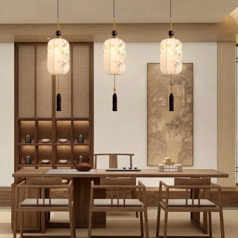 

Song Dynasty Aesthetics Cloth Art Painting Chandelier Warm Light Elegant for Living Room Tea Room Bedroom Hanging Lamp Led