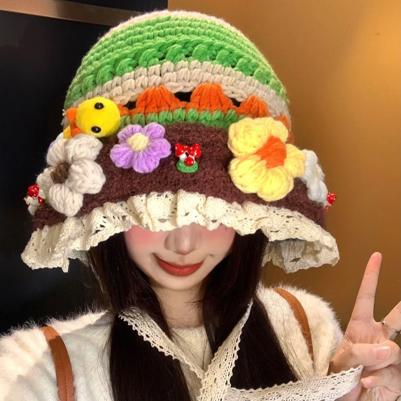 Niche Colored Flower Handmade Crochet Lace Edge Pullover Knitted Cap Cute Ear Protection Strap Bomber Hats for Autumn and Winter