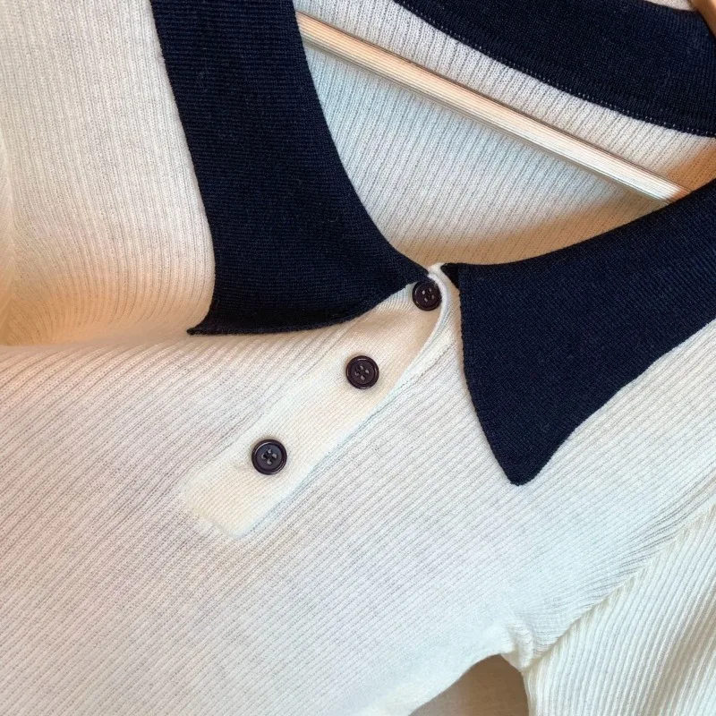 كلية نمط التباين اللون بولو طوق بأكمام طويلة البلوز أعلى الخريف الشتاء جديد الفرنسية ضئيلة زر سترة #6