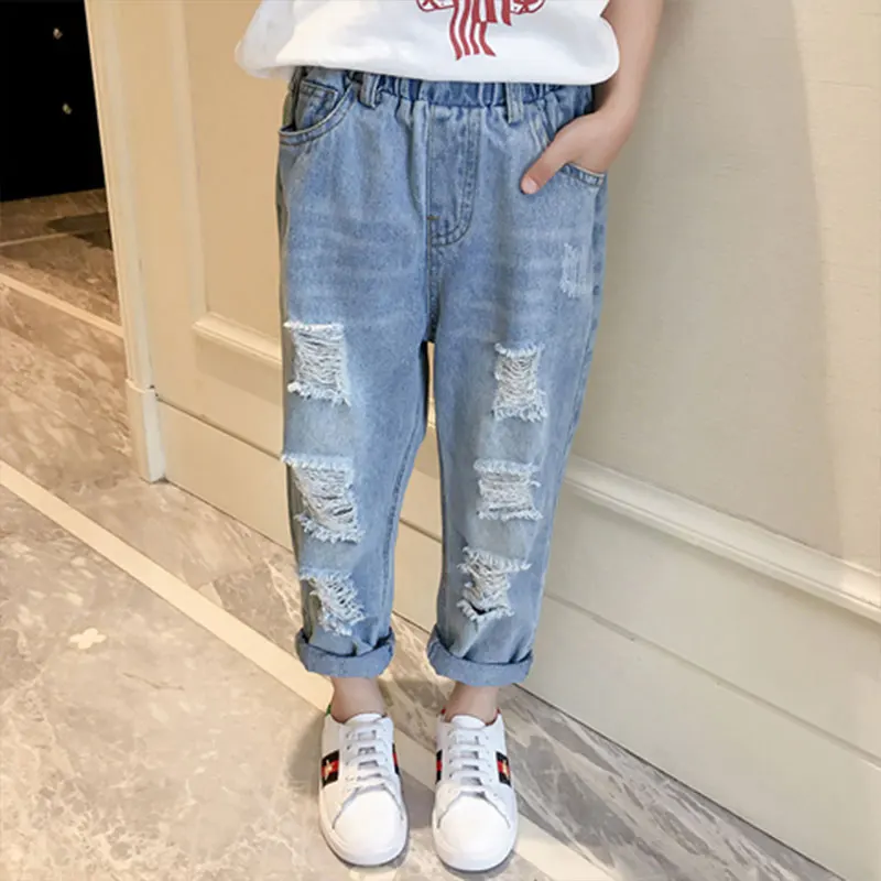 

Spring Autumn Elegant Fashion Harajuku Slim Fit Children Clothes Loose Casual All Match Trousers Solid Pockets Ripped Jeans