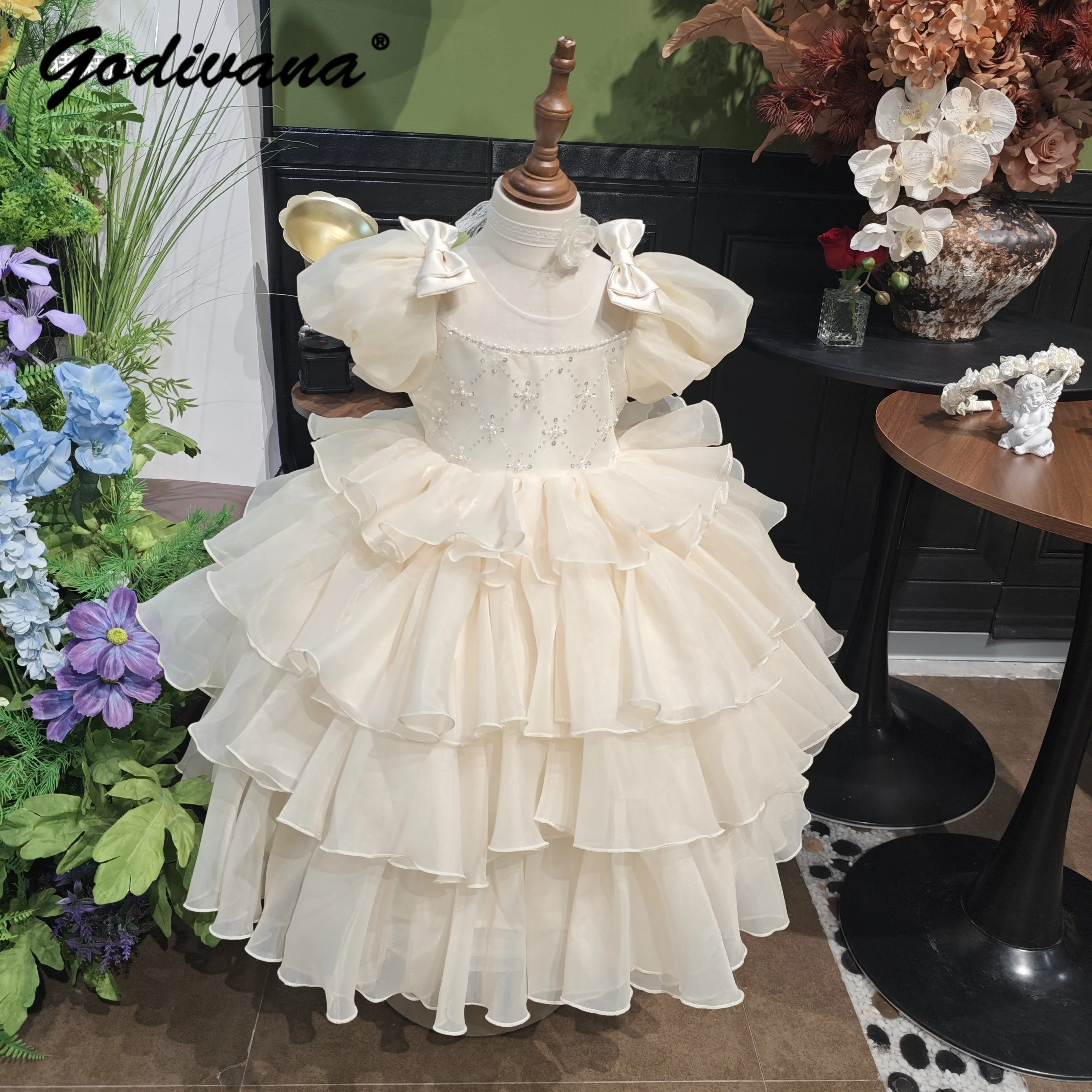 Baby Girls Sweet Sequin Pearls Mesh Princess Dress 2026 New Summer High-end Flower Girl Birthday Party Performance Cake Gown
