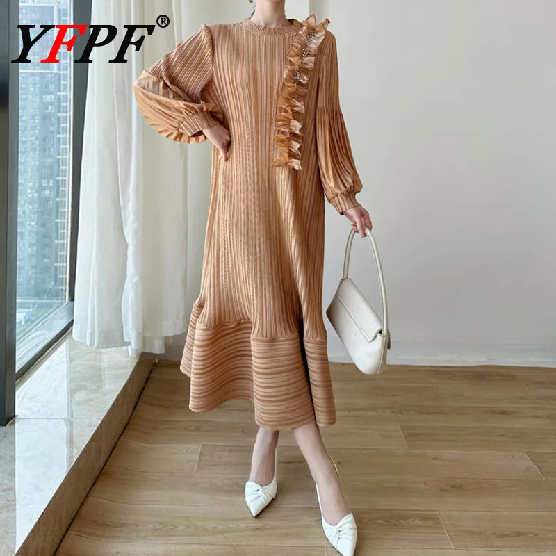 

YFPF элегантное плиссированное платье с цветочной вышивкой для женщин, свободная модная одежда с рукавами-фонариками, новинка 2025, платья 3A286