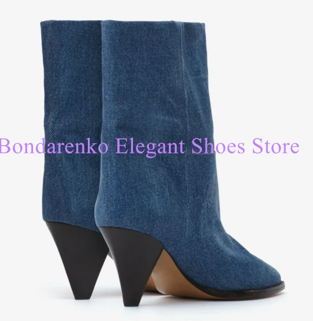 الأزرق الدنيم سبايك الكعوب سيدة حذاء من الجلد مثير أشار تو كعب غريب رقيقة الساق امرأة أحذية بوت قصيرة موضة مأدبة فستان الأحذية #2