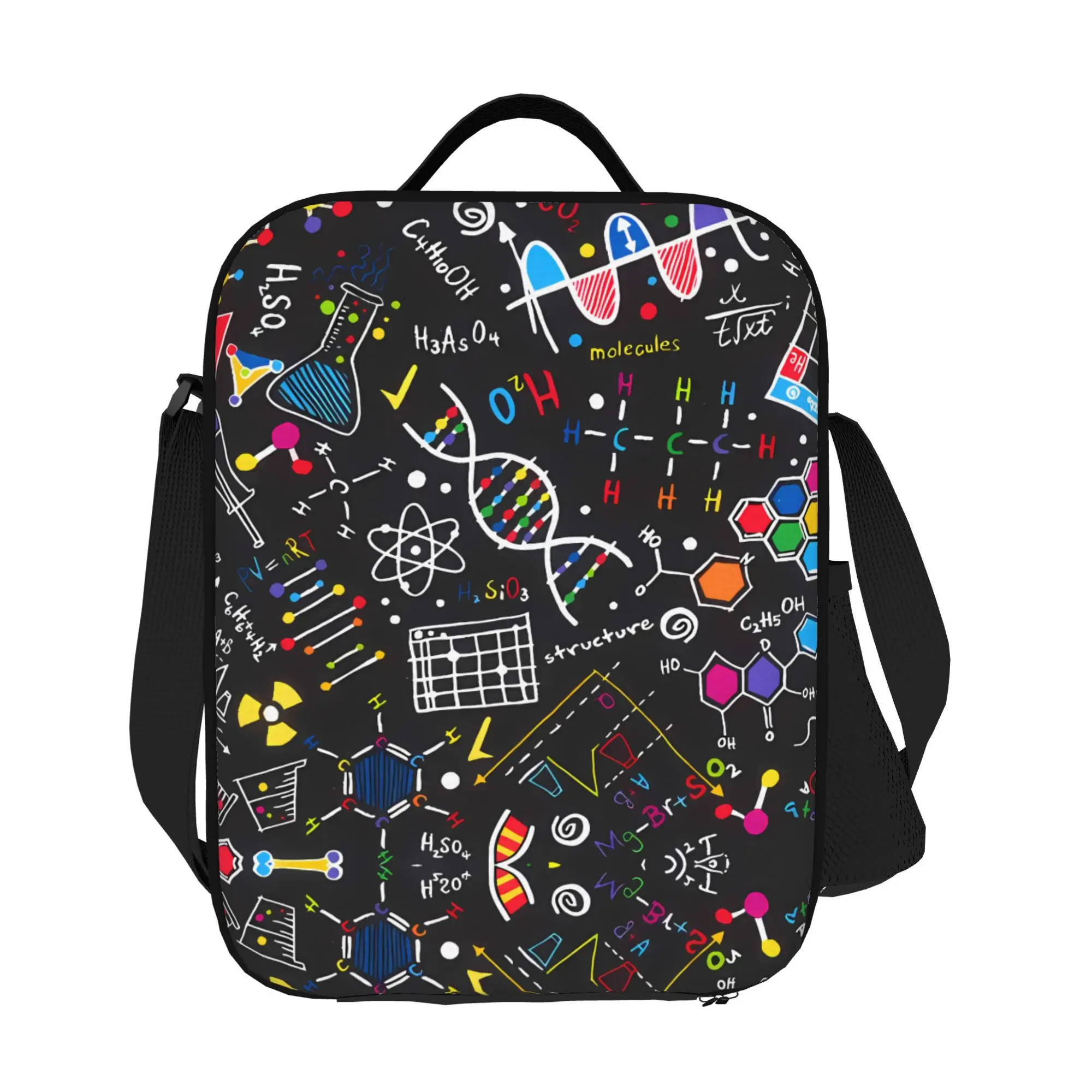 

Сумка для обеда на научную тему с изображением молекулярных структур, схем ДНК/РНК/АТФ, дизайном периодической таблицы