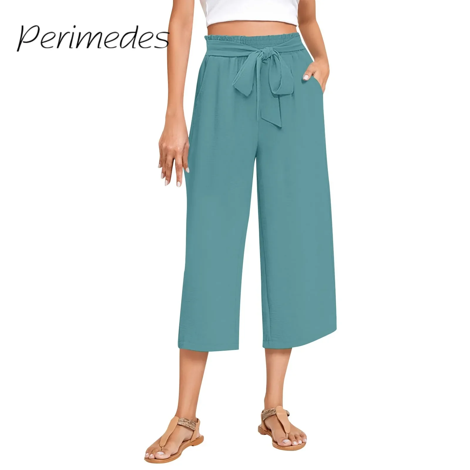 

Women'S Bow Tie Cropped Trousers Solid Color High Waist Drawstring Wide Leg Pants With Pockets Casual 2024 Straight Pants