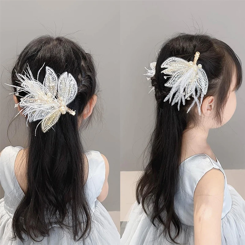 소녀를위한 요정 깃털 헤어 클립 공주 어린이 양면 클립 바레트 Hanfu 머리 장식 어린이 성능 모자를 쓰고 있죠
