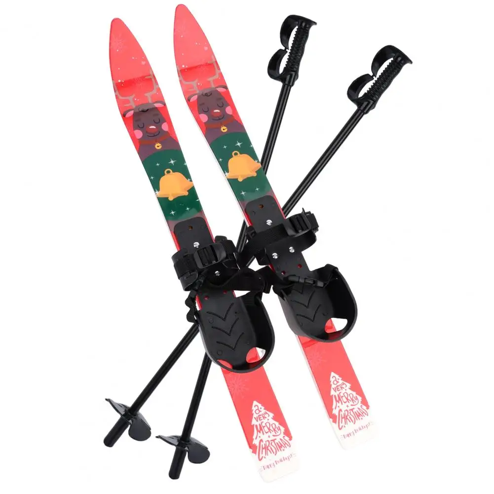 Kid Beginner Snow Skis and Poles, Low-Resistant Ski Boards Safe Kids Skiing Equipment, with Christmas Themed Pattern