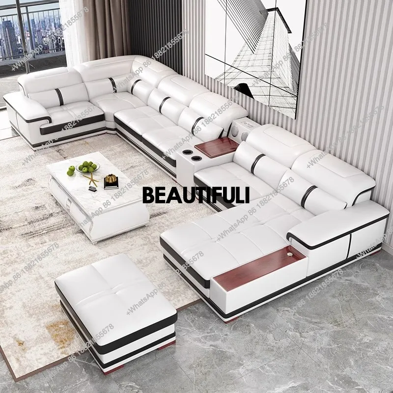 Modern U-Shaped Sectional Sofa with Chaise, White Genuine Leather Couch with Cup Holders, USB – Large Living Room Furniture Set