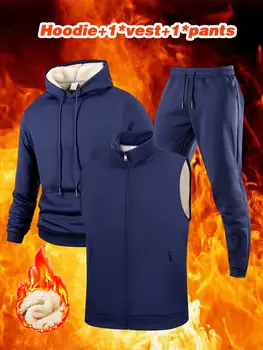 Pánská podzimní a zimní teplá tepláková souprava pro každodenní nošení, ležérní sportovní mikina s kapucí a vestou, 3dílná sada, venkovní, jogging, běhání, pánské sportovní oblečení 10 nejlepší prodej Pánská tepláková souprava, 3 díly - №4