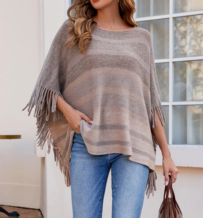 

Winter Clothes Women Fashion 2024 Casual Slash Neck Tassel Shawl Contrasting Striped Cape Loose Fit Pullover Sweater Top