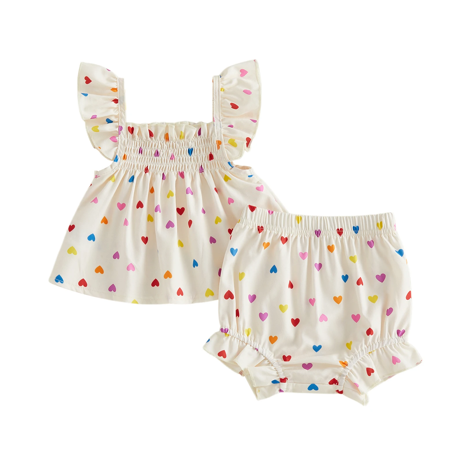 Toddler Baby Girls 2 Piece Outfits Adorable Heart Print Flying Sleeve Square Neck Tops and Shorts Set