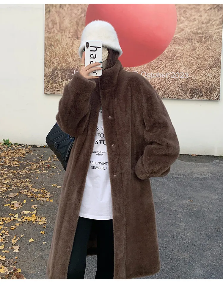 Women's Thick Faux Mink Fur Mid-length Coat Autumn Winter Fashion Stand Collar Plush Outerwear Women Elegant Warm Fluffy Jackets