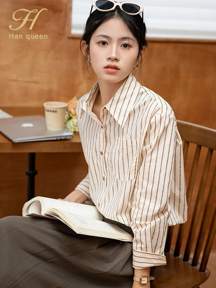 

H Han Queen Autumn Vintage Work Casual Chiffon Stripe Loose Long Sleeve korean Reviews Many Clothes Women's Shirts And Blouses