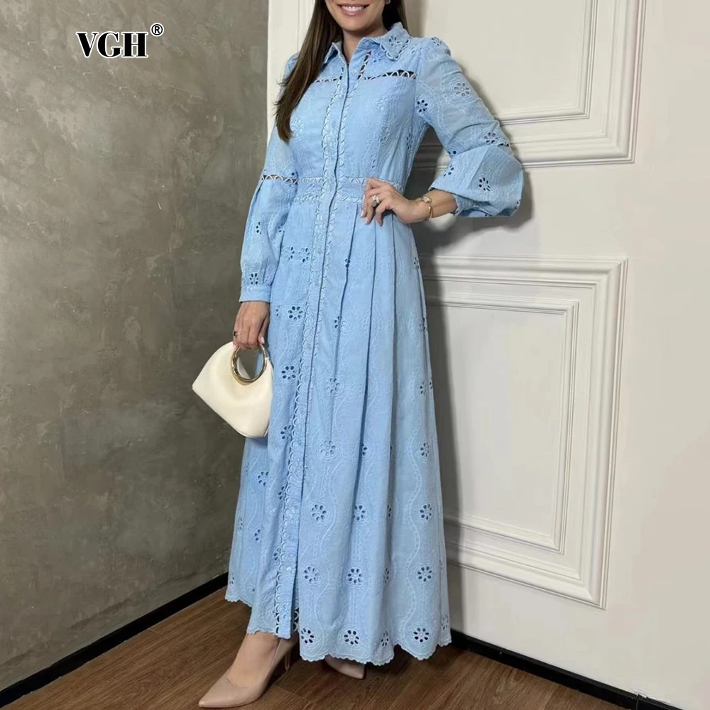 

VGH Solid Hollow Out Elegant Long Dresses For Women Lapel Lantern Sleeve High Waist Embroidery Spliced Button Dress Female New