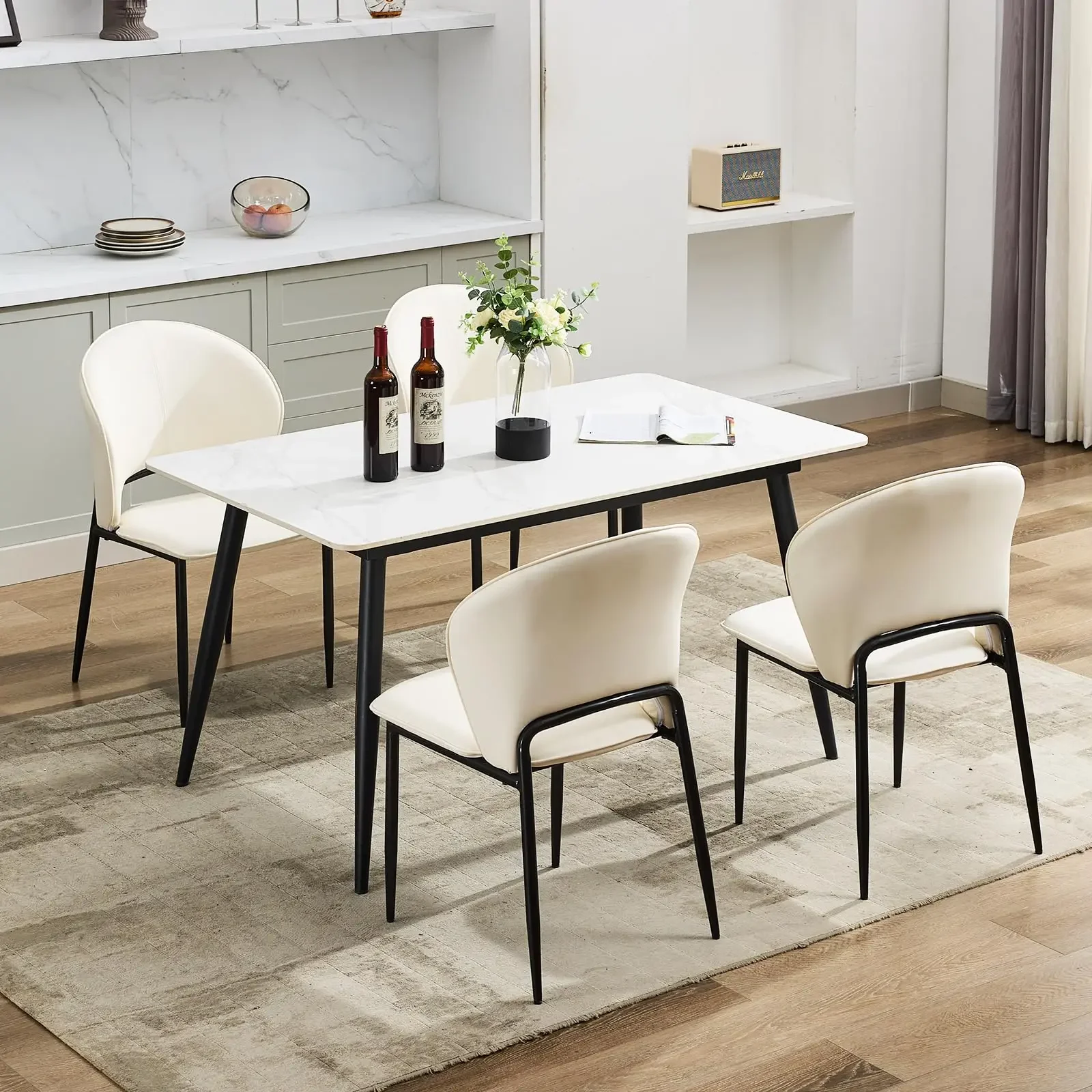 m Dining Chair Mid Century Modern Upholstered Chair with Metal Legs Faux Leather Mid-Back Accent Chair for Kitchen Dining Room m