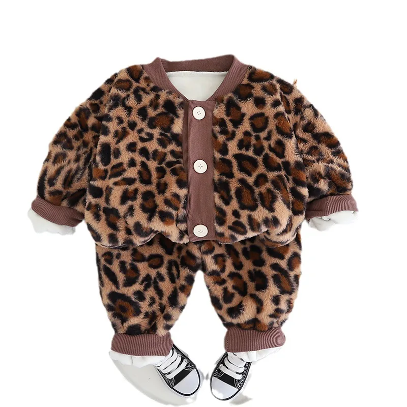 2PCS Cute Baby Boys Girls Velvet Warm Spring Autumn Winter Clothes Sets Children Kids Thick Leopard Coat Suits