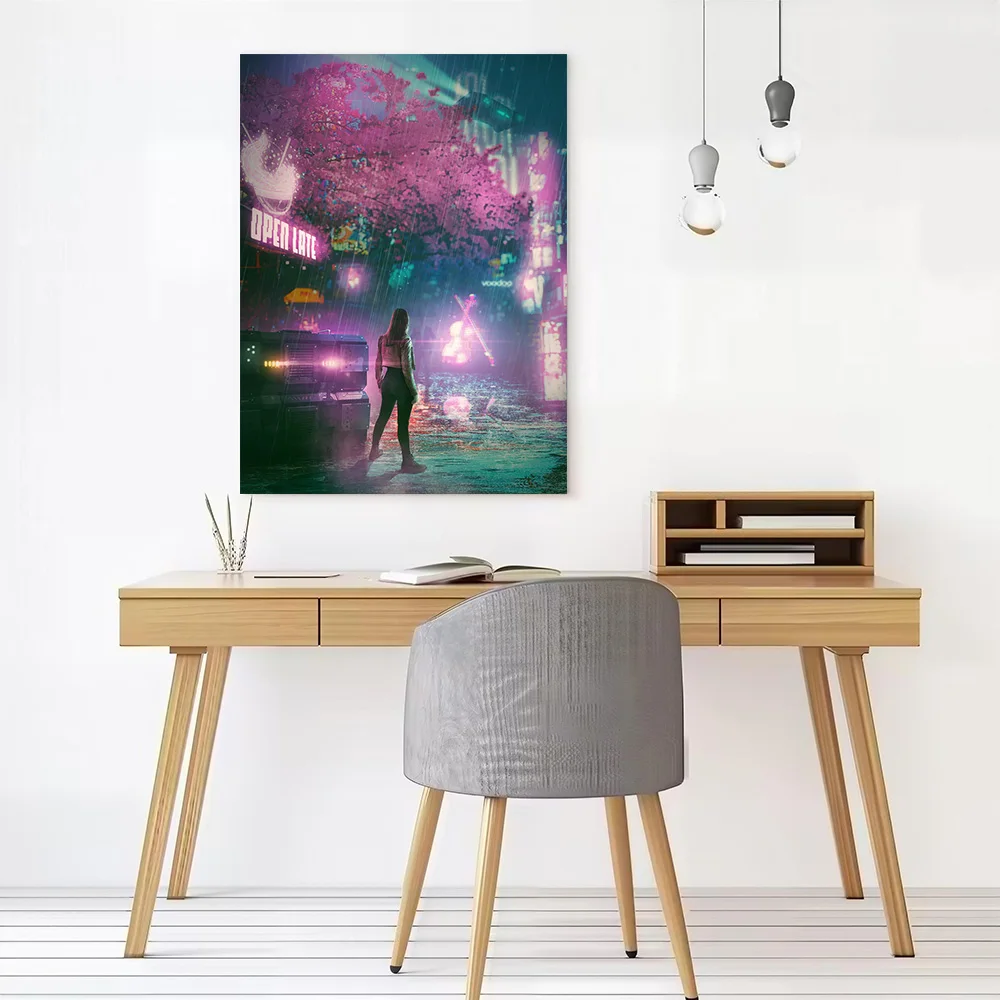 Neon Jungle – Cyberpunk Rain Scene With Hologram Printed Canvas Poster Personalized High Quality Wall Art Paintings for Bedroom