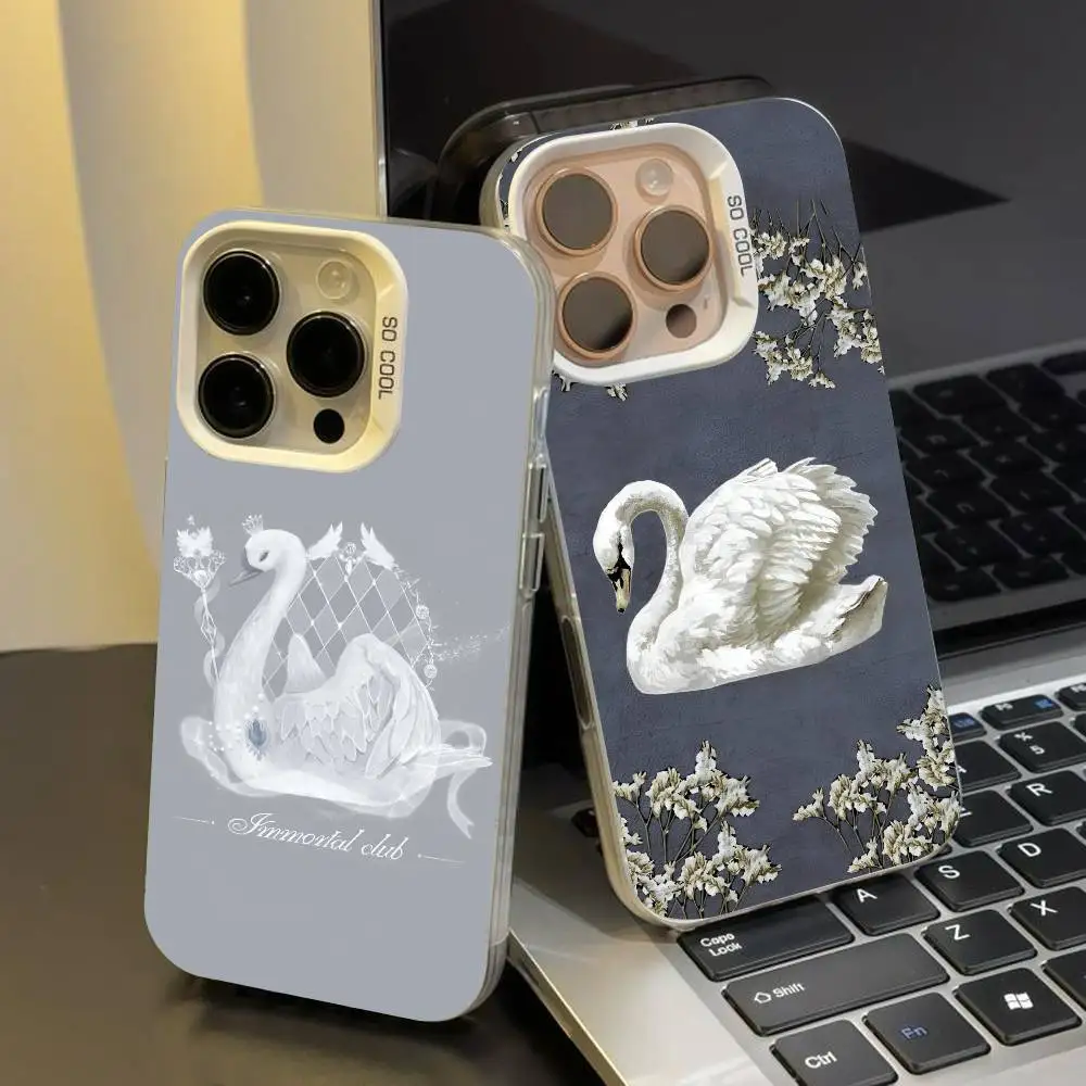 1 STÜCK Elegantes weißes Schwan-Design Weiche süße Handyhülle für IPhone 17 17Air 16 15 14 13 12 11 Pro Max Plus Buntes Silber