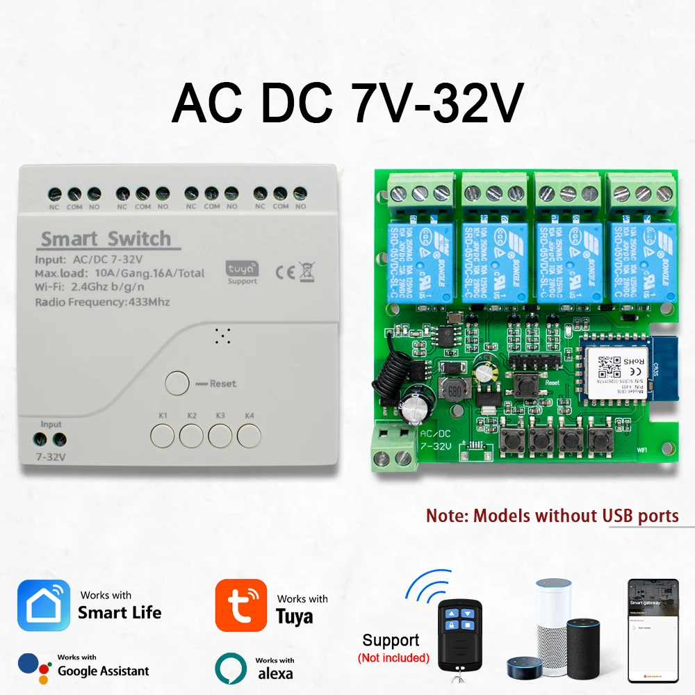 Moduł przekaźnikowy Tuya Smart Switch 4-kanałowy, automatyzacja domu, DC 12V 7-32V AC 220V, zdalne sterowanie RF433Mhz, 4-kanałowy, kompatybilny z Alexa Smartlife