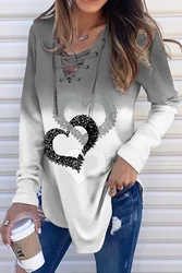 Plus Size Women's Long Sleeve T shirt Casual Grey Lace Up Gradient Heart-Shaped Pattern T-Shirts Ladies Pullover Autumn Clothing