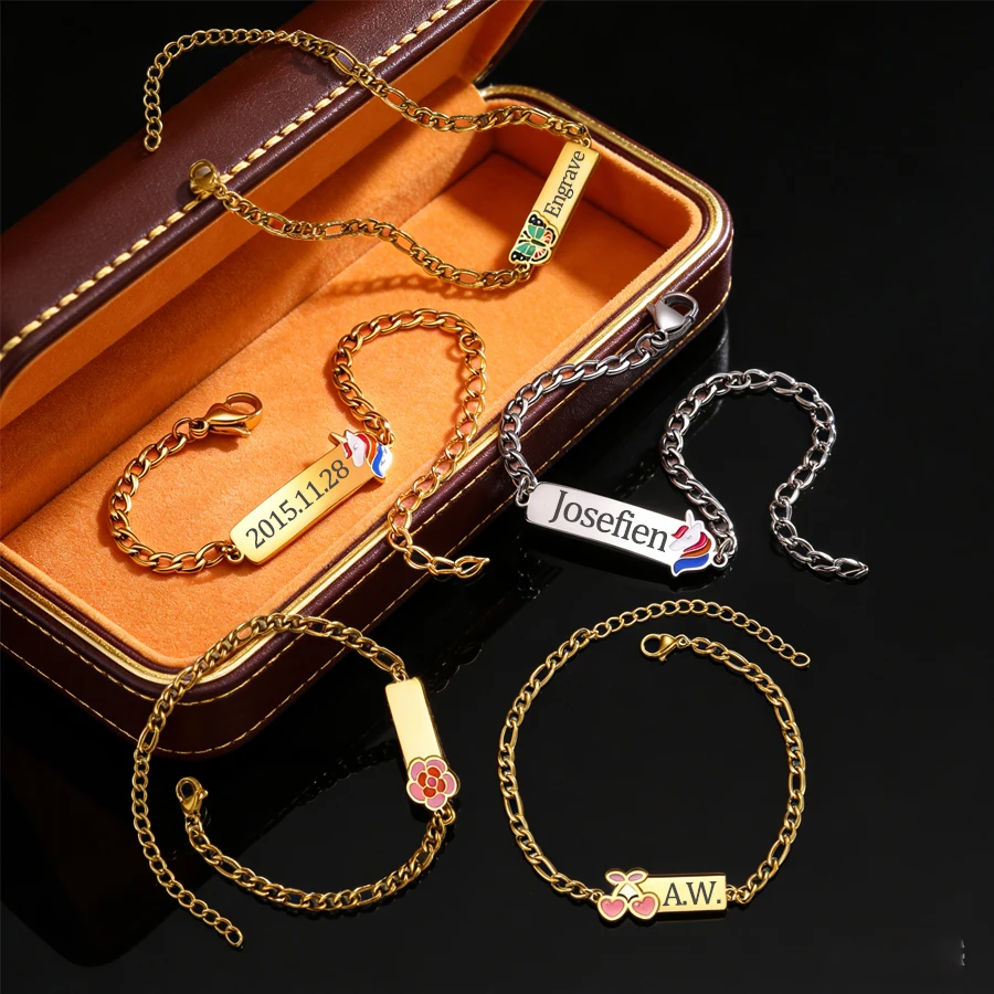 

Acheerup Custom Engrave Name Date Bracelet for Kids Women Stainless Steel Personalized Oil Dripping Figaro Hand Chain Baby Gifts