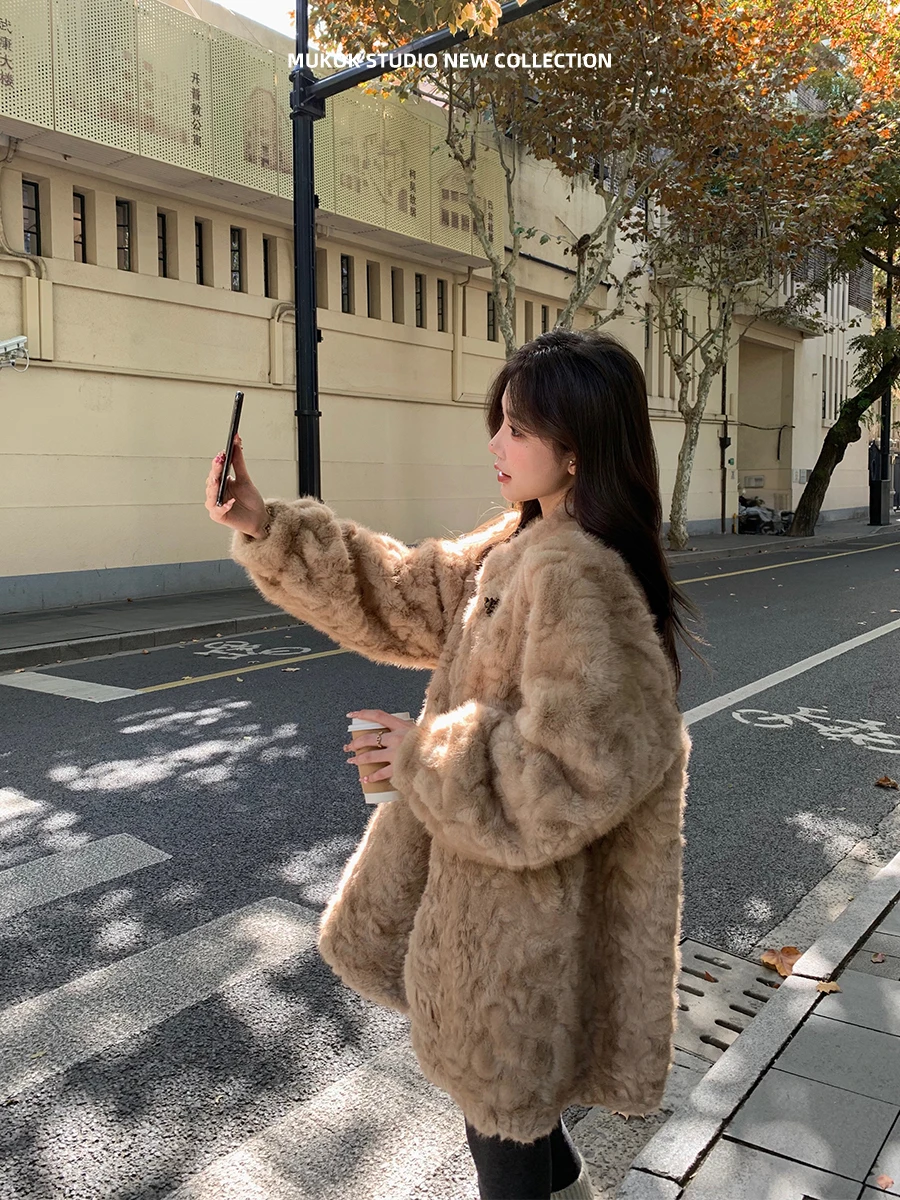 

MUKOK Экологичная шерстяная меховая верхняя одежда средней длины на осень и зиму с небольшим воротником-стойкой и пуговицами