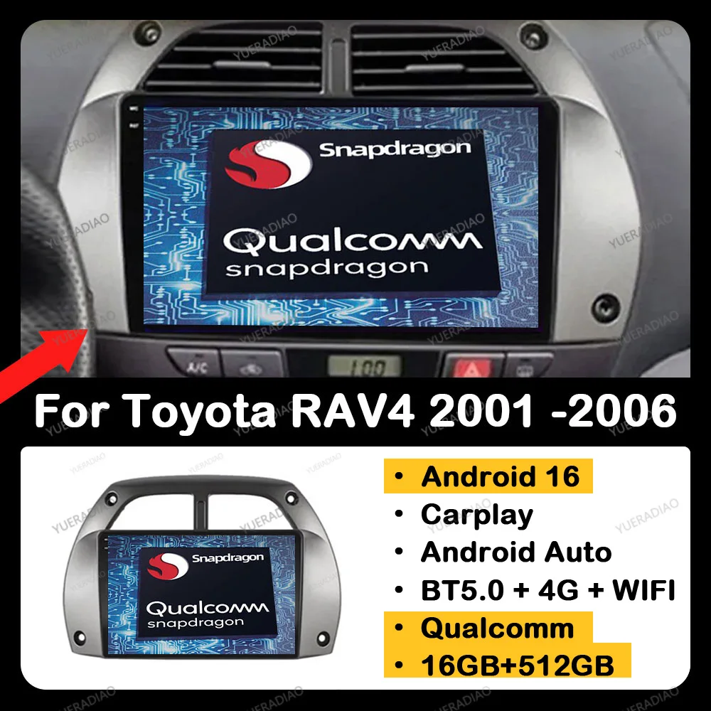 Radio para Auto Android 16 para Toyota RAV4 Rav 4 2001 2002 2003 2004 2005 2006 Reproductor Multimedia de Video Carplay Auto GPS NAVI 4G WIFI