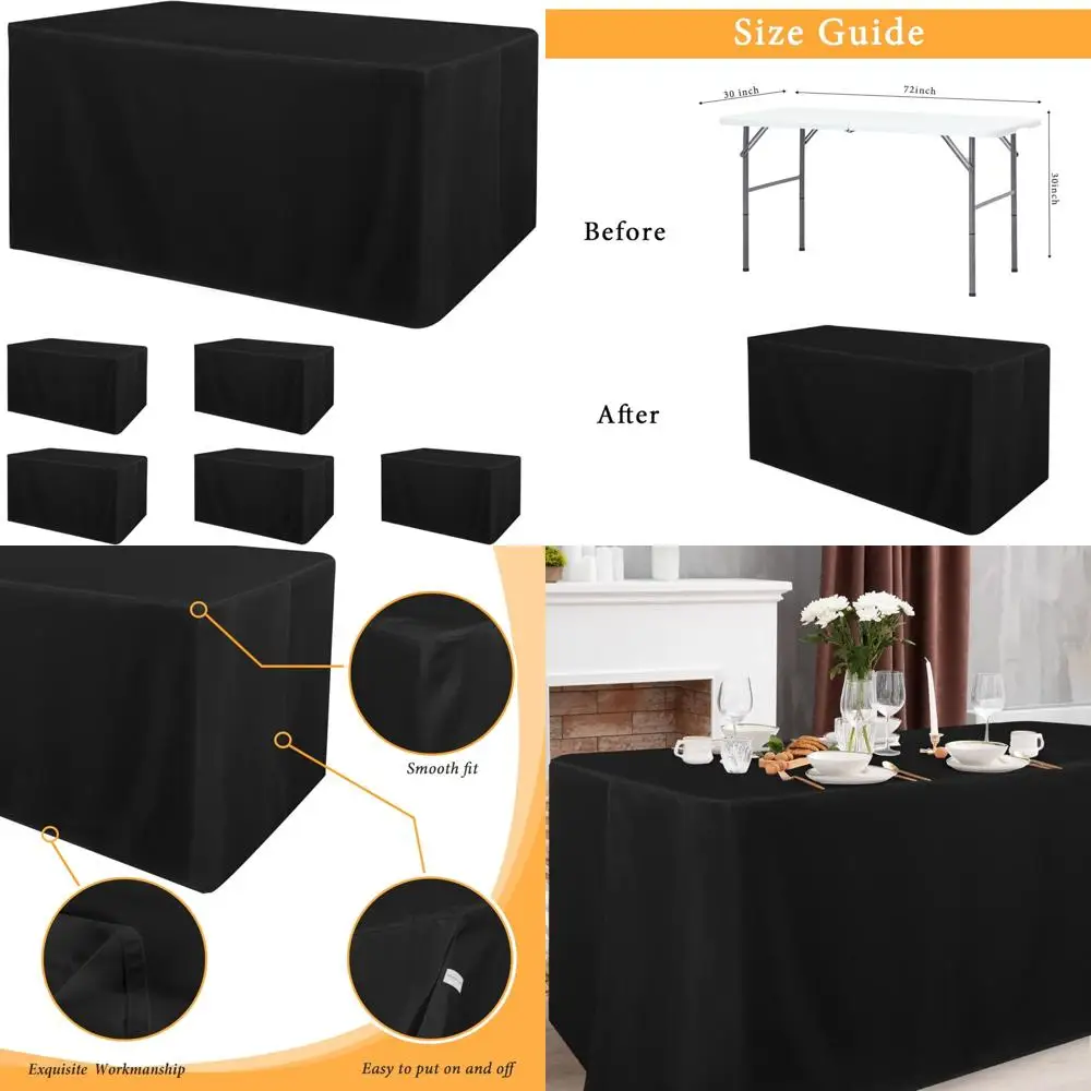 

Water-Resistant Washable Polyester Rectangle Tablecloths for 6-Foot Tables, Fitted Design, Black, 6-Pack, Suitable for Outdoor a
