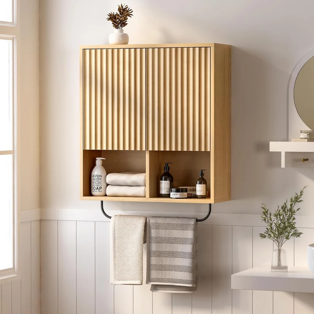 

Fluted Wall Cabinet, Modern Wood Floating Bathroom Cabinet with Hanging Rod and Adjustable Shelf, Wall Mount Medicine Cabinet