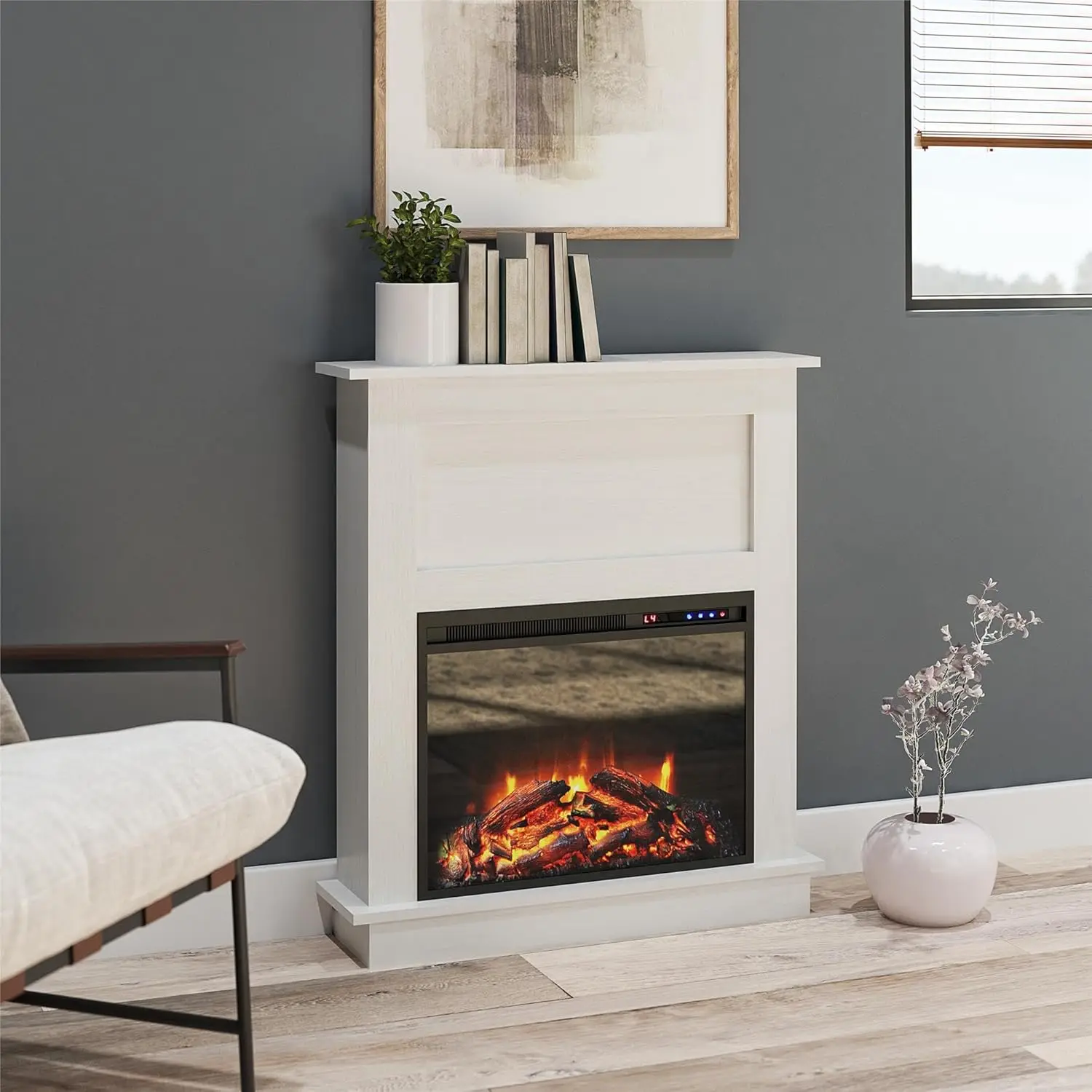 

32 Inch Electric Fireplace with Mantel, Replaceable Fireplace Insert Heater, Remote Control, Timer, Rea