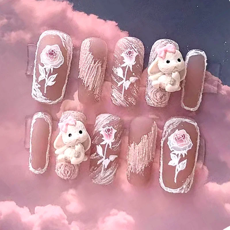 Handmade Kawaii 3D Cartoon Short False Nails Tips Y2K Press On Nails Art Long Coffin Stiletto Reusable Fake Nail With Glue Gift