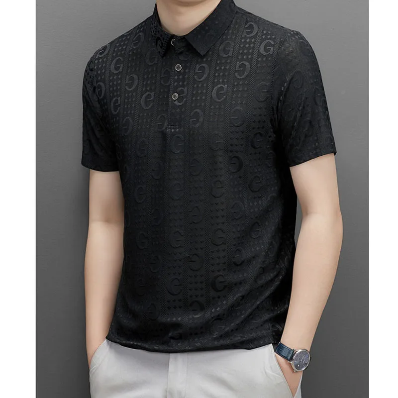 Business Casual Trend Solid Color Letter Polo-Neck T-shirt Summer Korean Button Spliced All-match Short Sleeve Tops Male Clothe