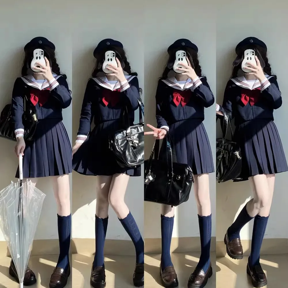 Korean Summer JK Uniform Navy Skirt for Sailor Dress School Uniforms Shirt Long Sleeve Sailor Suit Tie Set Girl College Style