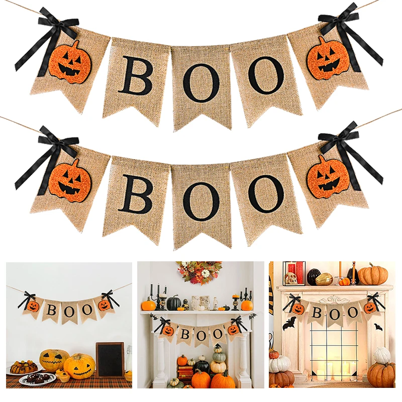 2M Halloween Banner Horror Pumpkin Ghost Face BOO Hemp Banner Hanging Garland For Halloween Party Home Haunted Houses Decor Prop