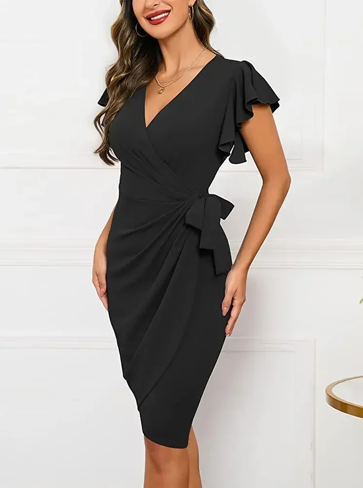 Tambour con-Robe de cocktail d\'été sexy pour femme, faux rond, col en V profond, manches à volants, froncée, fête, travail, robes de mariée formelles