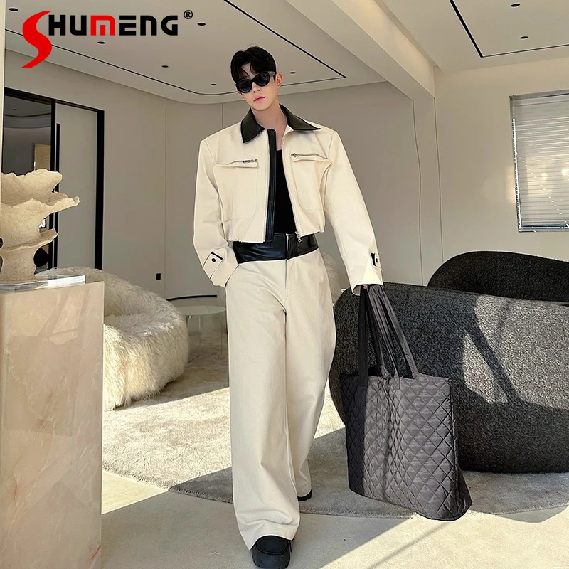 2025 Spring New Contrast Color 2pcs Masculinity Faux Leather Zipper Fashion Handsome Suit Sets Men Wide-Leg Pants Two-Piece Sets