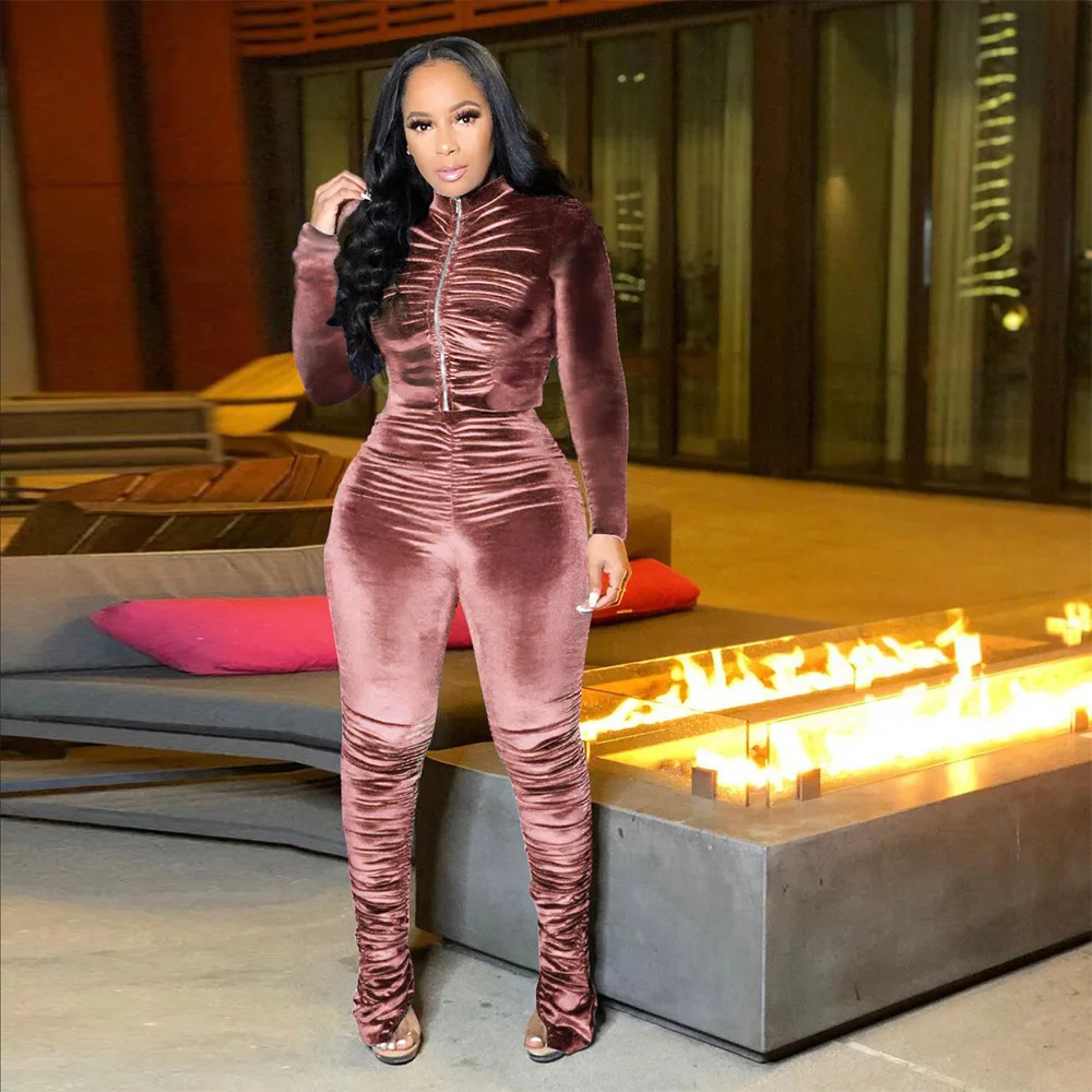 

Женский комплект из двух предметов, спортивный костюм, комплекты со складками на молнии, спортивные пальто Y2k, брюки-карандаш, костюмы для бега, однотонная осенняя уличная одежда