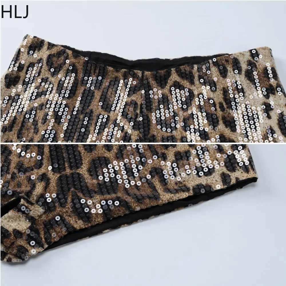 HLJ Black Sexy Y2K Streetwear Women Flower Hollow Out Bandage Tube And Sequin Leopard Shorts Two Piece Sets Fashion 2pcs Outfits