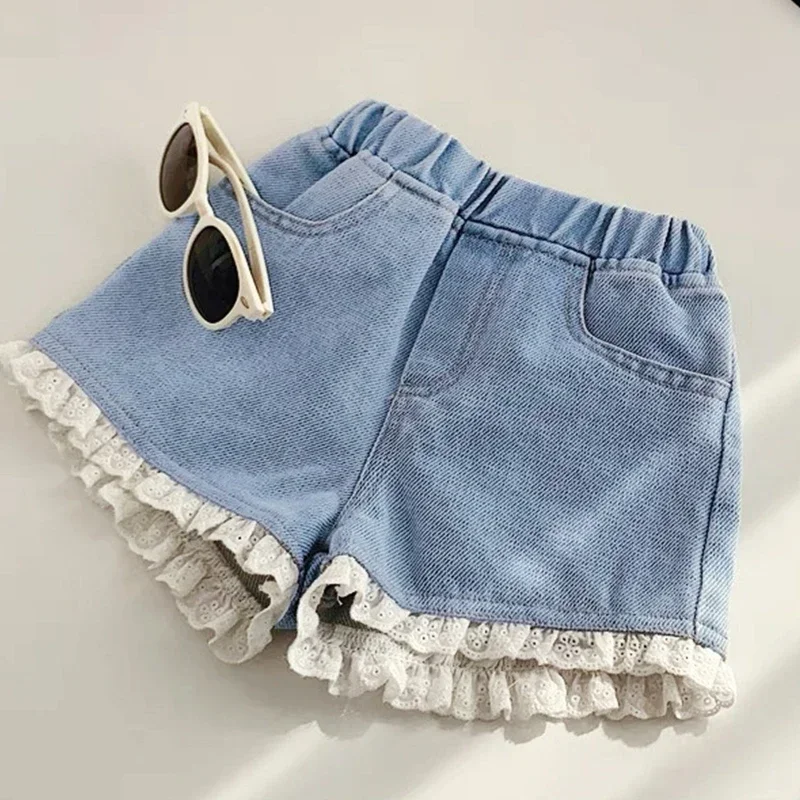 Brief Style Denim Blue Toddler Girls Denim Shorts Kids Summer Casual Short Pants Children Elastic Waist Trousers for 4-10 Years