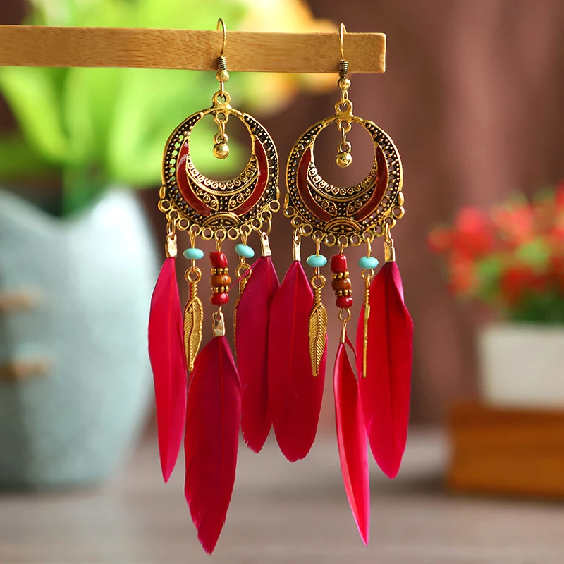 Antique Gold Color Crescent Design Feather Earrings for Women Long Ethnic Elegant Earring Boho Party Vacation Daily Jewelry