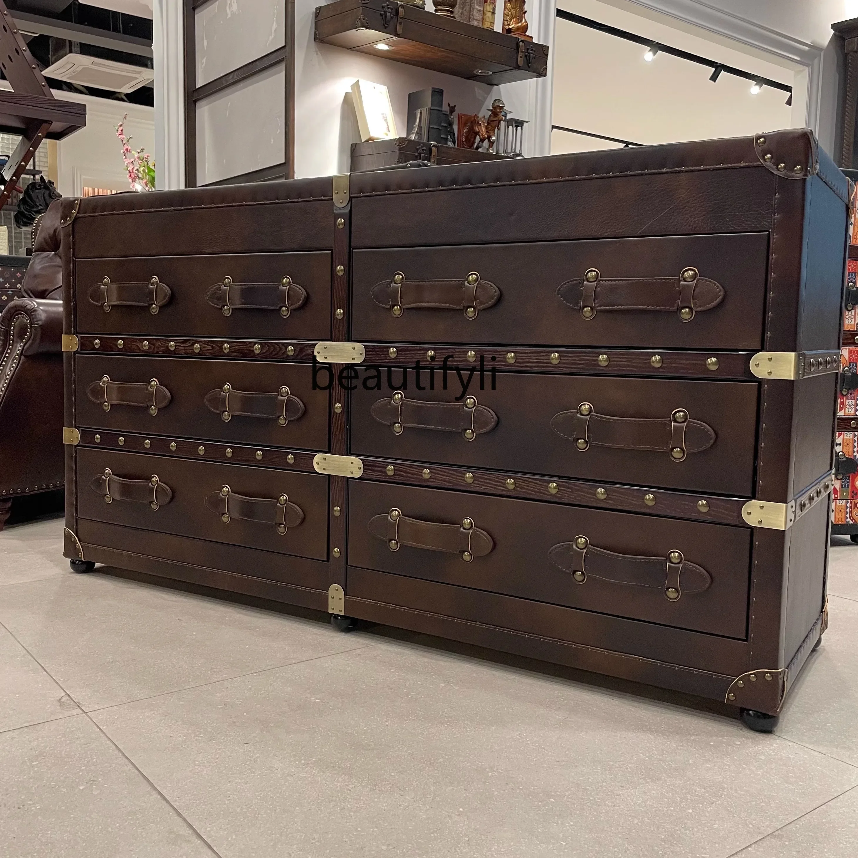 

Leather retro French storage cabinet antique bedroom solid storage chest oil wax leather drawer cabinetAsmt09
