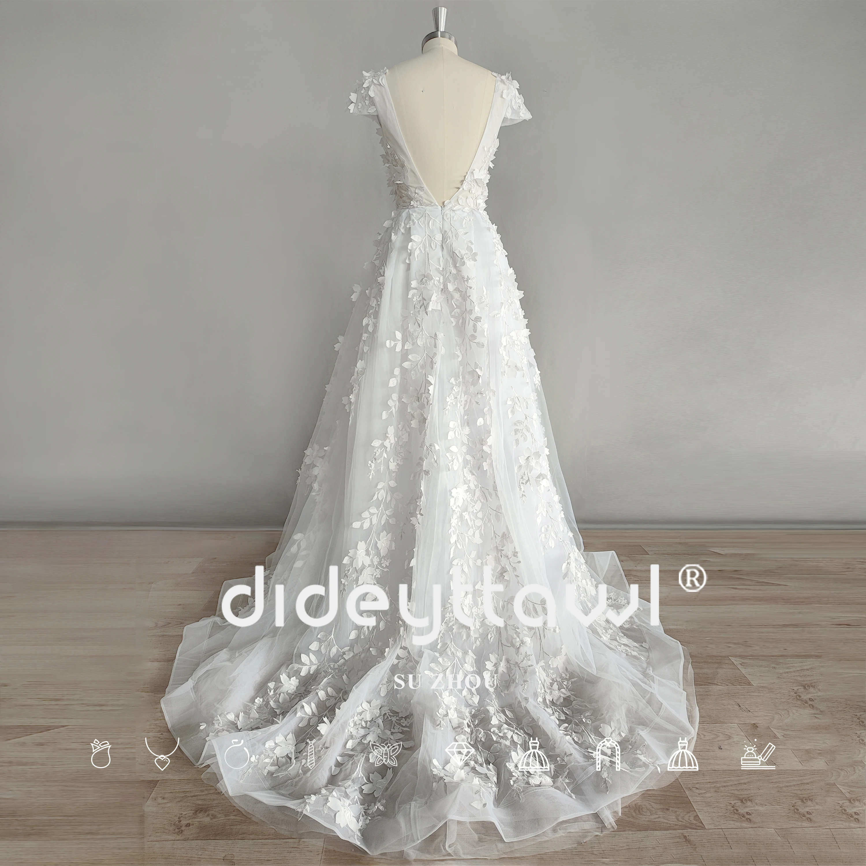 DIDEYTTAWL Cap Sleeves 3D Flower Tulle Deep V-Neck Wedding Dress Princess A-Line Backless Sweep Train Bridal Gown Real Picture