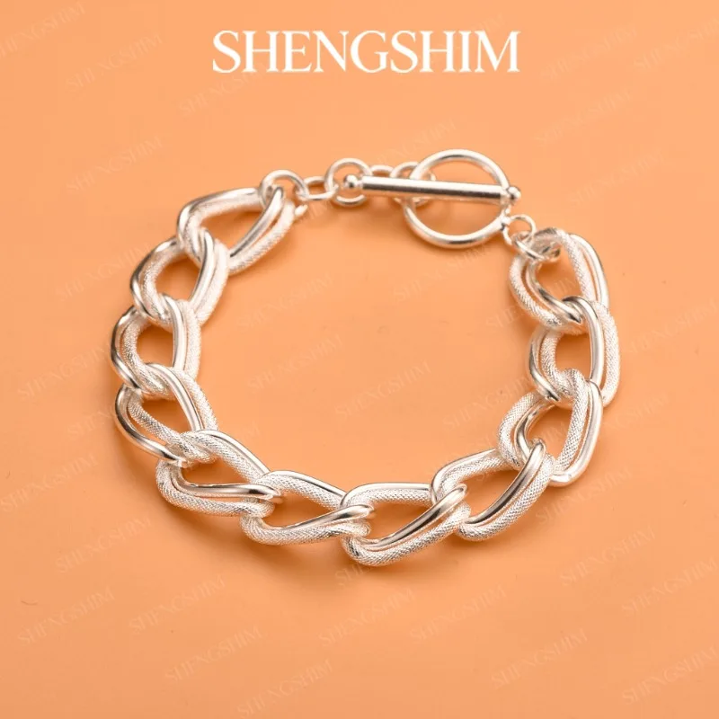 Pulsera SHENGSHIM de plata de ley 925 con doble cadena gruesa y cierre OT mate, para hombre y mujer, joyería de moda, regalo para fiestas y cumpleaños.