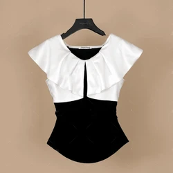 2024 New Summer Streetwear Fashion Slim Fit Fake Two-piece Butterfly Sleep Round Neck Patchwork Pleated Women's T-shirt Top