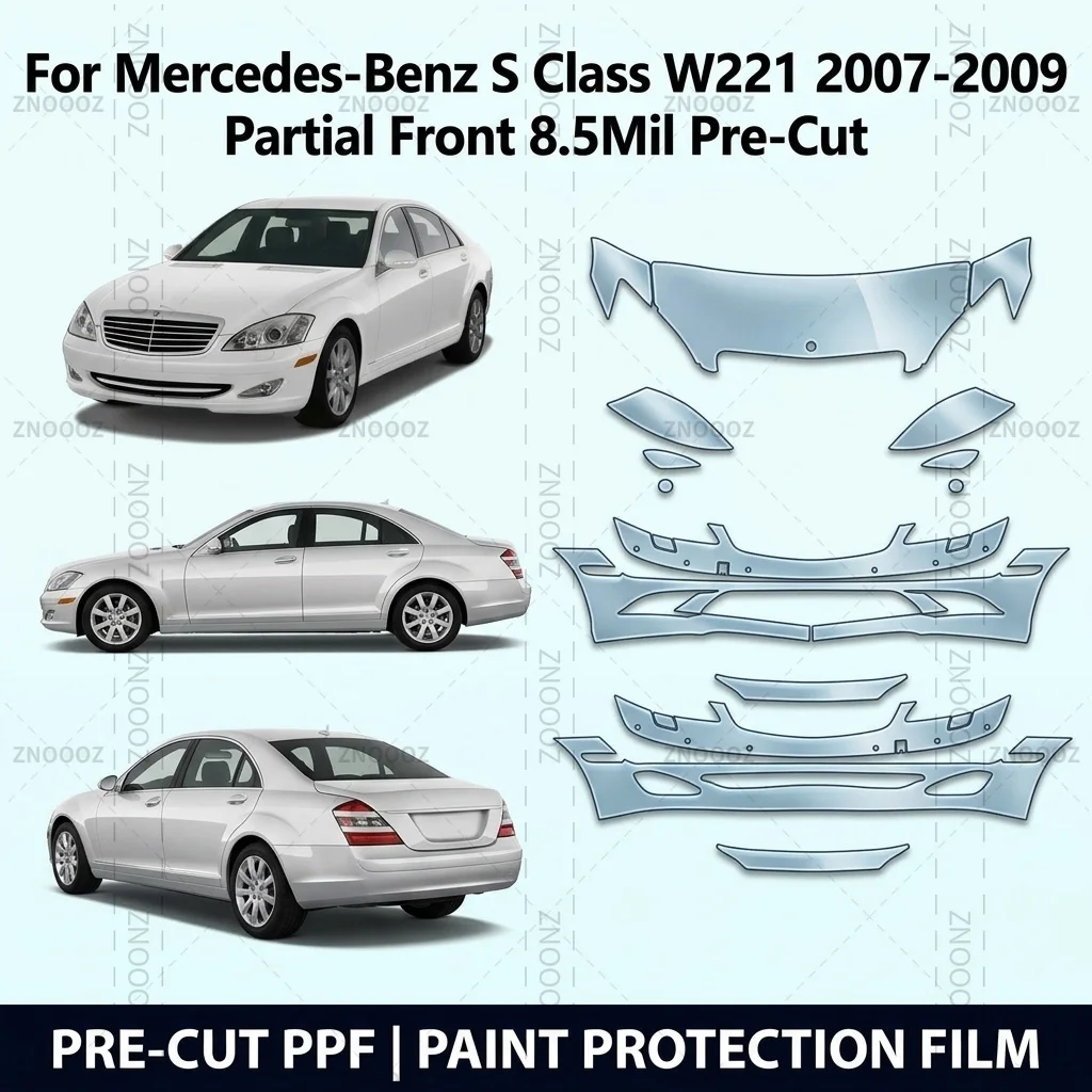 For Mercedes-Benz S Class W221 2007-2009 Partial Front 8.5Mil Pre-Cut PPF Kit TPU Self Healing Glossy Clear Matte Black Anti