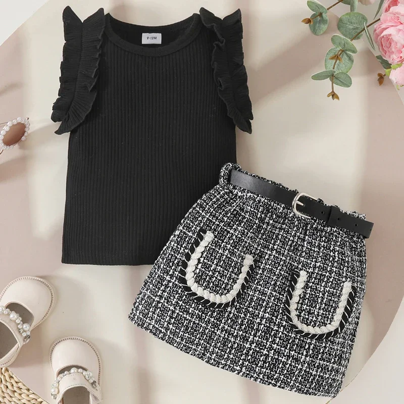 

3Piece Sets Summer Toddler Girl Clothes Korean Fashion Black Sleeveless Baby Tops+Plaid Skirt+Belt Boutique Kids Clothing BC2229