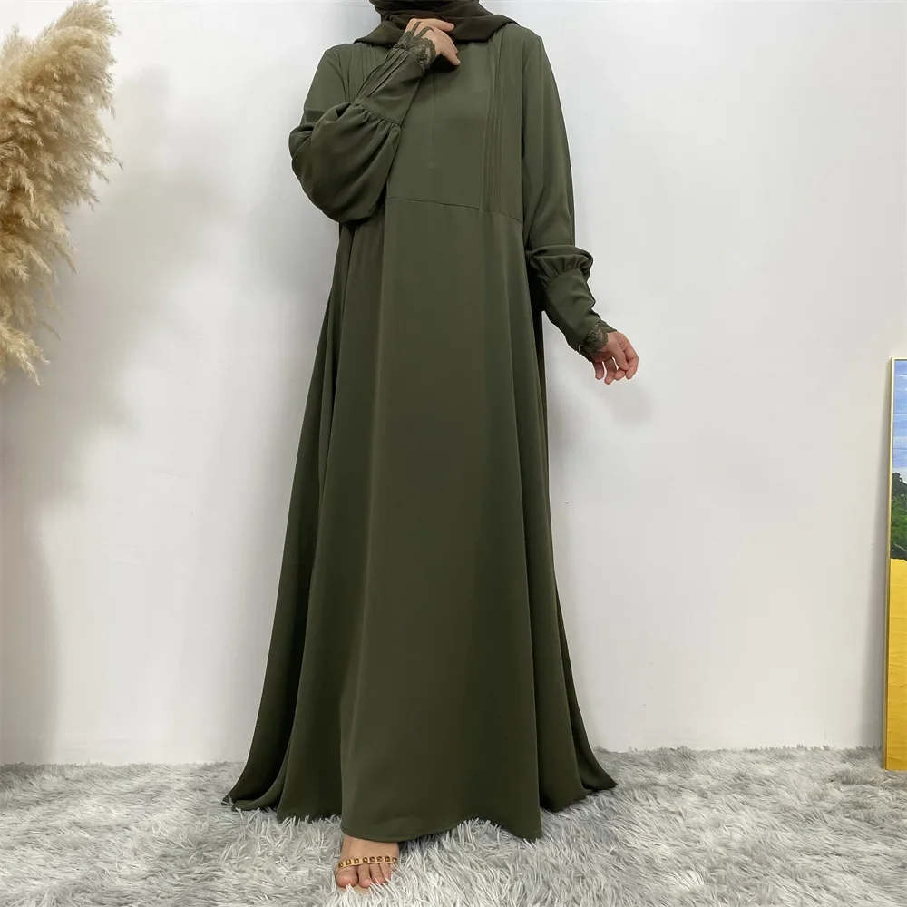 Women Muslim Dress Zipper Lace Casual Abaya for Womne Simple Luxury Sleeves Ladies Robe Middle Eastern Turkey Kaftan Dubai Abaya